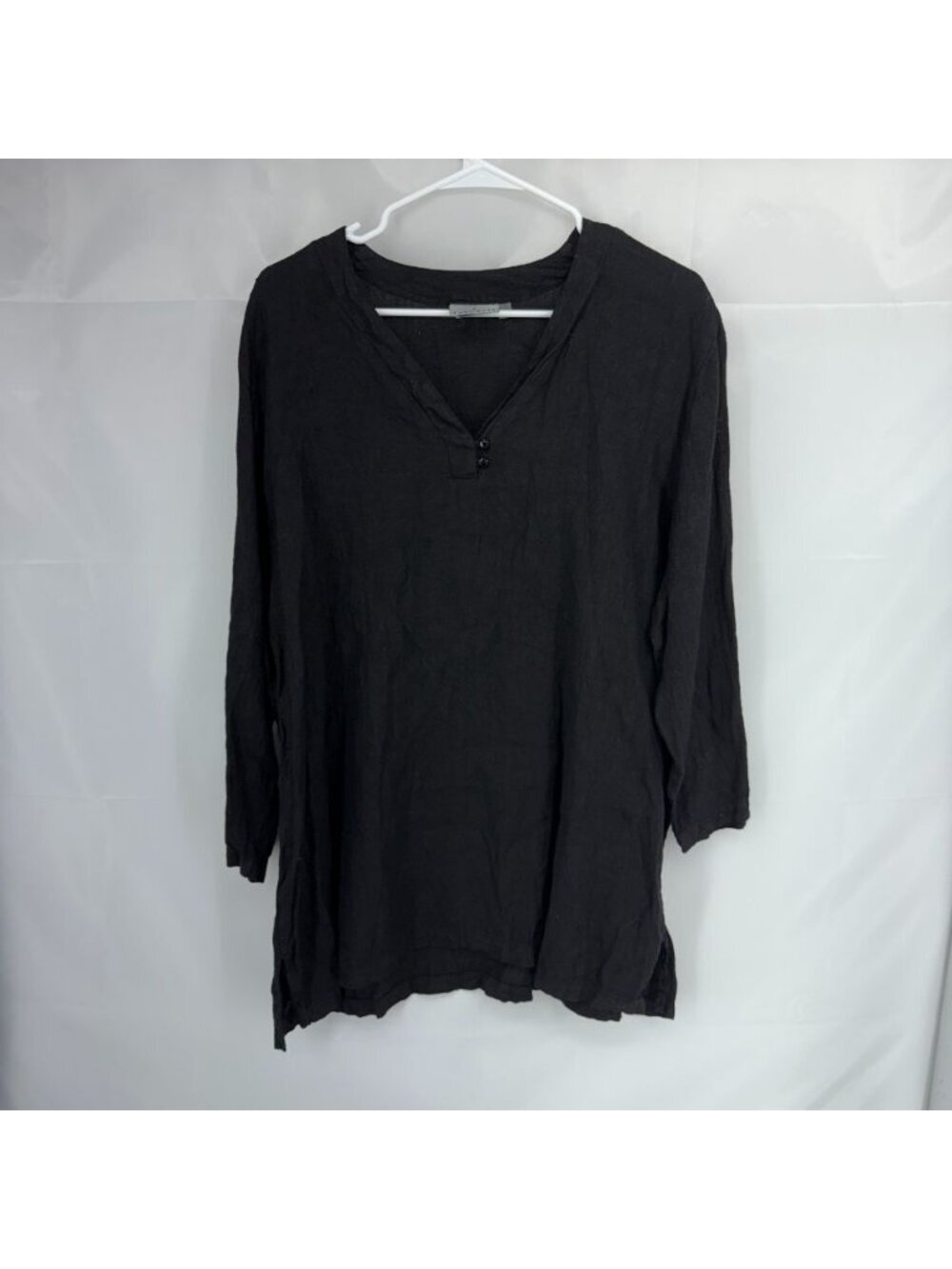 Hot Cotton Women XL 100% Linen Tunic Top Long Sleeve Black Breathable V Neck